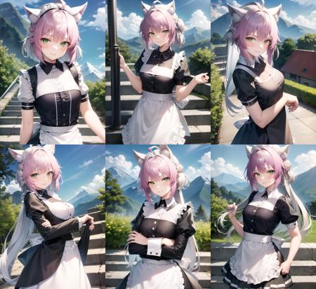 <lyco:atalanta2-000007:1.0>, alterrnd, standing, upper body, smile, blush, outdoors, day, simple background, blue sky, sky, temple, looking at viewer, stairs, mountain, moody lighting, facing viewer, maid, maid outfit, apron, white headdress,