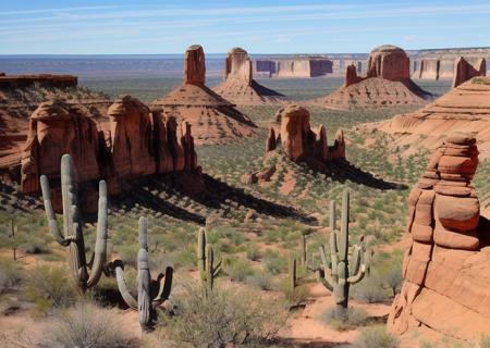 fantwest, a western landscape with large rock formations, mesa, butte, prickly pear cactus,  realistic, highly detailed, saguaro cactus