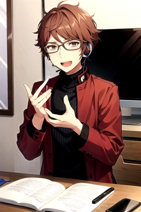 <lora:AkiomiKunugi-02:0.75> ,akiomi, smile, open mouth, glasses, turtleneck, phone, microphone, headset, meme