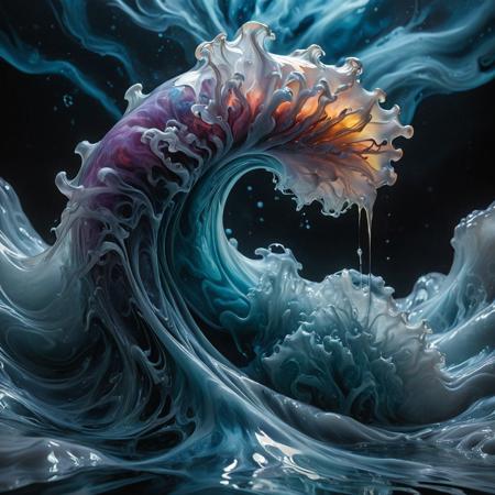 An abstract yet emotionally evocative artwork capturing the fluid essence of beauty. A mesmerizing fusion of liquid motion and tangible texture—patterns that ripple like water, twist like smoke, and shimmer like silk. The composition dances between abstraction and realism: translucent waves of color morph into hints of fabric, skin, stone, or glass. Shapes emerge and dissolve—never fully formed, always transforming. Ethereal lighting, iridescent reflections, rich visual depth. Surreal textures that feel touchable yet elusive. Inspired by flowing ink in water, cosmic nebulae, molten glass, and dreamlike states. High detail, ultra-resolution, concept art style, digital painting