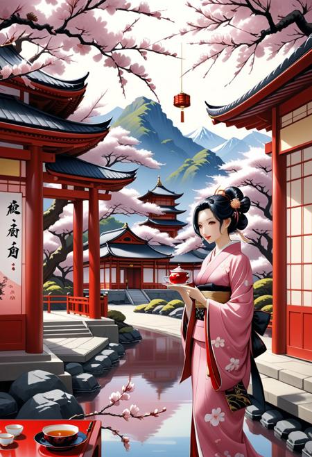 Sinoink, geisha , temple, tea, sakura, cherry