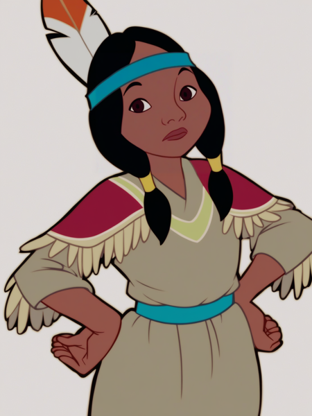 score_9, score_8_up, score_7_up, score_6_up, score_5_up, score_4_up, BREAK, source_cartoon, source_anime,
1girl, tlily, black hair, twintails, brown eyes, feather hair ornament, headband, dark skin, brown dress, native american,
solo, hands on hips, looking at viewer, white background
<lora:TigerLilyXL:1>