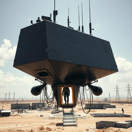 ultra high resolution, masterpiece, best quality, small featureless angular glossy black spacecraft with a rough textured surface hovering low to the ground, underneath the spacecraft are cables hoses and wires, antennas on top, cables hanging from below, rectangular in shape, futuristic world, post apocalyptic landscape, ((low concrete buildings:1.3)) anti gravity, in the atmosphere, sky, clouds, ground visible, hovering, dry, ((dusty)), bleak landscape, parched, bright noon sunlight, square shapes, bleached colors, destroyed industrial buildings, powerlines and towers, concrete foundations, small open entrance door at the lower edge of spacecraft, soldier in dark armored spacesuit debarking from brightly lit entrance,