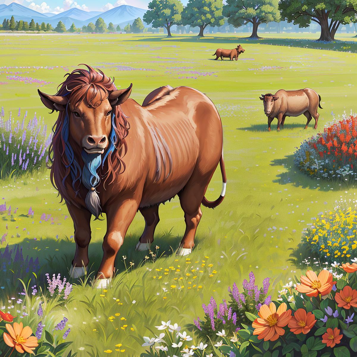 (Full shot:1.2), A snarl of minotaurs, meadow, colorful wildflowers, lush grass, serene
