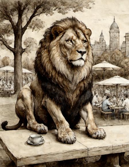 ink on parchment a majestic lion sits alert on a picnic table in a city park watching people