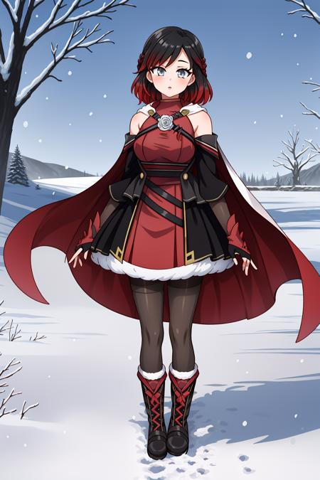 srwby, short hair, black hair, red hair, white cape, gradient hair, grey eyes