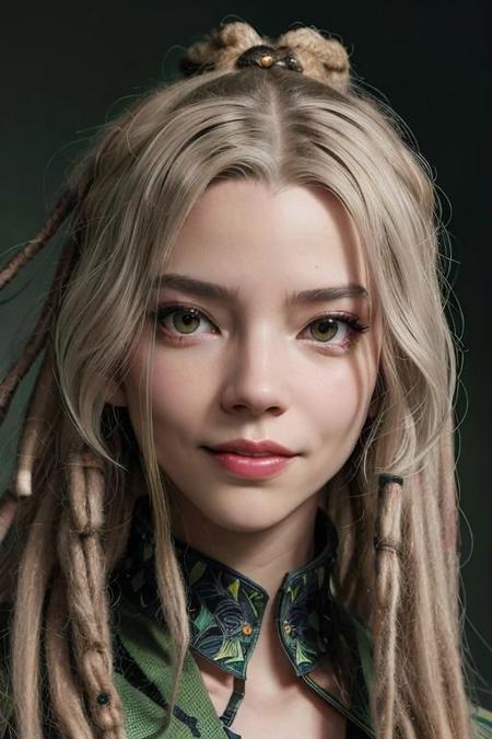 (medium full shot:1.8), 3/4 view, (from below:1.2), ultra high resolution, best quality, 1woman, librarian, perfect antomy, green-gray hair, (dreadlocks:1.2), librarian,(light smile:1.2), volumetric lighting, breath taking background, happy face expression,