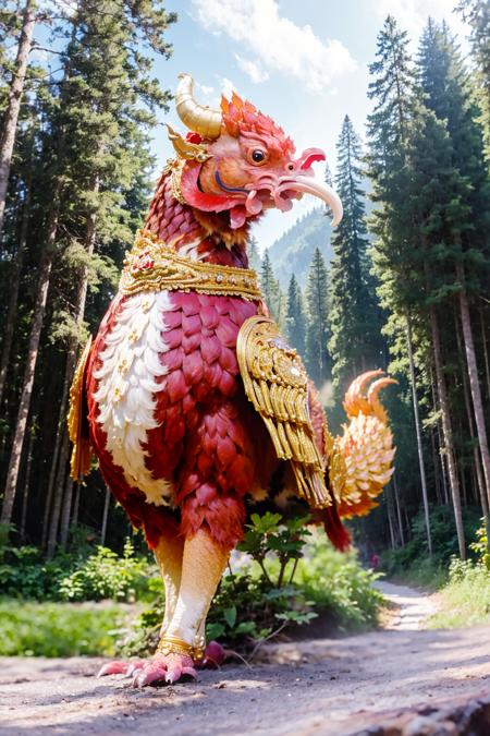 (best quality:1.4), (ultra highres:1.2), (photorealistic:1.4), (8k, RAW photo:1.2),  very high detail, portrait shot,  (himmapan style:1.45),( red chicken:1.2), (horn:1.1), (in jungle:1.2) <lora:HimmapanV1:0.8>