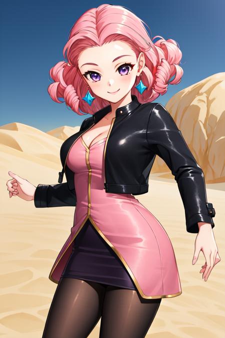 azurevivian, pink hair, earrings, purple eyes, forehead, dress, showgirl skirt, pink dress, black skirt, miniskirt, black pantyhose, black jacket, cleavage, highleg swimsuit, one-piece swimsuit, strapless swimsuit, pink swimsuit,