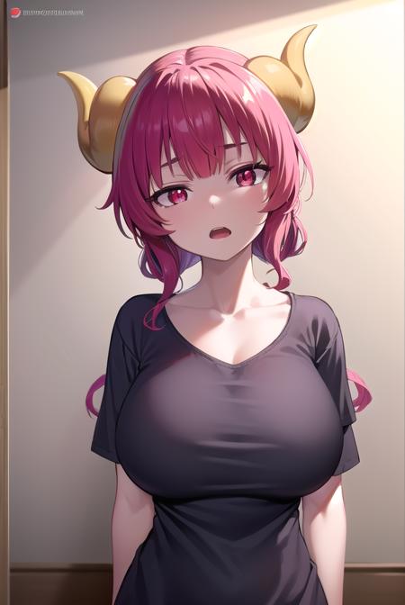 dragonilulu, <lora:ilulu-lora-nochekaiser:1>,
ilulu, curled horns, horns, long hair, multicolored hair, purple hair, (red eyes:1.5), red hair, (slit pupils:1.5), (large breasts:1.2), <lora:sensualface_type2:1>, open mouth,
BREAK black shirt, (long shirt:1.5), black thighhighs, collarbone, shirt, short sleeves, thighhighs, wide sleeves, zettai ryouiki,
BREAK looking at viewer, upper body, fully body,
BREAK indoors,
BREAK <lyco:GoodHands-beta2:1>, (masterpiece:1.2), best quality, high resolution, unity 8k wallpaper, (illustration:0.8), (beautiful detailed eyes:1.6), extremely detailed face, perfect lighting, extremely detailed CG, (perfect hands, perfect anatomy),