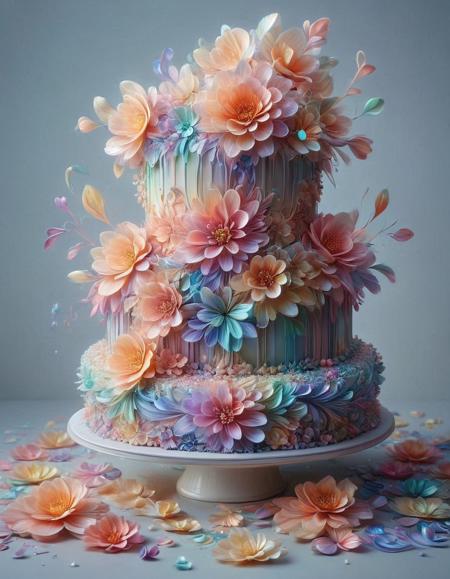 wedding cake, p1nk1r1fl0wers, made out of iridescent flower petals, high quality, masterpiece <lora:PinkieIriFlwrsSDXL:1>