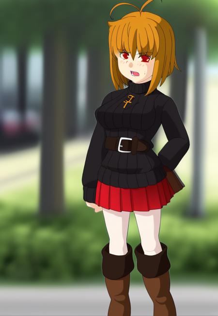 1girl, arcueid brunestud, blonde hair, solo, pantyhose, red eyes, skirt, outdoors, boots, black pantyhose, blue skirt, short hair, miniskirt, sweater, looking at viewer, white sweater, brown footwear, day, long sleeves, blurry background, antenna hair, blurry, bangs, tree, knee boots, road, pleated skirt, breasts, full body, railing, belt boots, medium breasts, ahoge, hair between eyes, turtleneck, turtleneck sweater, from side, open mouth, parted lips, depth of field
<lora:umineko-000013:1>