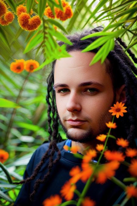 [extreme closeup] of a young man with short dreads, (head shot, perfect face, clear eyes), black knitted sweater, under a dark dense jungle paradise, orange flowers, [smiling], uhd, raw, 8k <lora:jonathanDavis:1>