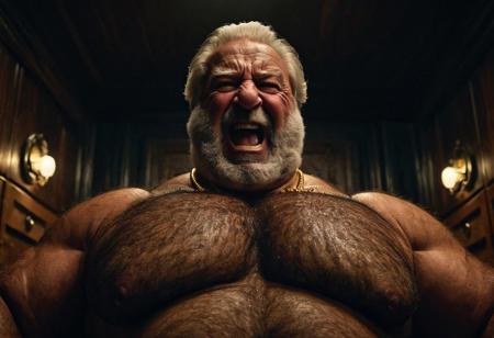 (photo, realistic, raw), (nighttime, at night, dark, dark hard shadows, cinematic atmosphere, movie grain, hazey atmosphere), closeup from below, (etherial, spiritual, emperor, king, god), old burly buff gentleman, old manly mature man, combed back hair,  doublechin, old hairy tanned grandpa, wrinkly neck, hairy chest, proud big hairy chest, thick neck, hairy armpits, tanned skin, tight golden spandex, gold jewellery, gold necklace, in a dark locker room at night, nighttime, arrogant disgusted disappointed smile, intimite situation, romantic atmosphere, stern, serious, angry, sad expression,