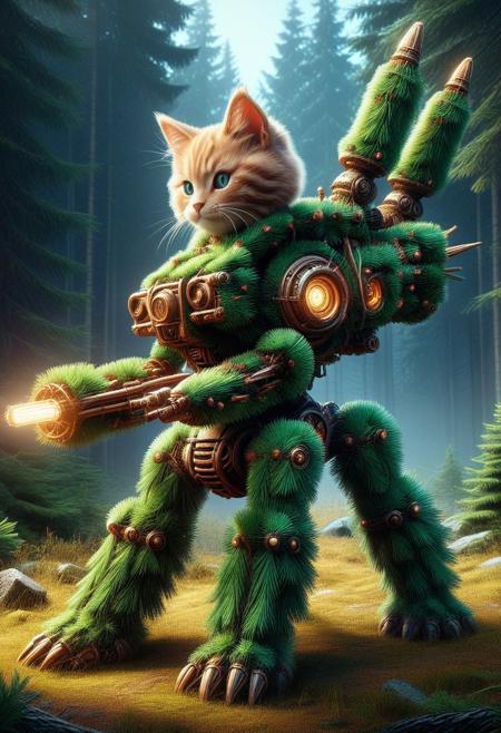 fir needle style, (((score_9, Score_8_up, score_7_up))), Cute kitten, battle-worn mech robot made out of fir needles designed for a futuristic combat game. The mech should have heavy fir needle armor plating, with visible joints and glowing power cores. Include weapons mounted on its arms, such as missile launchers and a plasma cannon. The design should showcase mechanical details, rust, and dents to emphasize its use in combat, with glowing rgb lights indicating its power source is enable electricity,