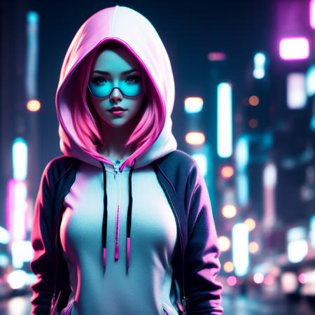 (CyberWoman style:1) woman in a hoodie with pink hair <lora:djzCyberWomanV21:0.8>