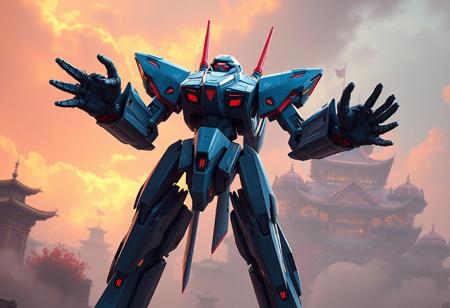 expert Realistic blue-gray robot, red antenna, arms & legs extended in dynamic pose, against vibrant Shien's Castle of Mist. Ultra-detailed 8k concept art, trending on Artstation, CGSociety. Unreal Engine 5, Octane Render. Cinematic lighting, dynamic angle, golden ratio, depth of field. Matte painting, hint of Splash Ink illustration.