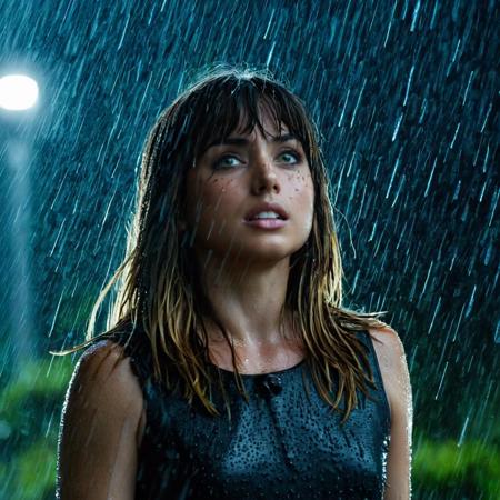 Super high res photo of a stunning young ana de armas, with bangs and long hair, standing in a rain, looking up, night, cinematic, high quality<lora:ana_xl_8dim_3-000050:1>