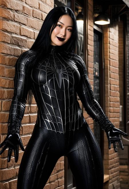 score_9, score_8_up, score_7_up, best quality, realistic, masterpiece, beautiful detail, hyperrealistic, cafe, ((1girl, woman body, huge breasts)), amazing detailed full body portrait of a beautiful japanese girl, wearing a realistic and highly detailed black raimi spider-man suit, ((huge muscular girl)), professional model wears ultra - detailed black raimi spider - man suit, ultra - detailed and grained black raimi spiderman suit, suit covered entire body and hand, black spiderman gloves, wet, (full body), (dynamic pose, black hair, black lipstick), smile, octane render, highly detailed, volumetric, dramatic lighting, (highest quality:1.1), (HDR:1.3), (top quality, best quality), realistic, high definition, Expressionism - sharp focus, professional photography, masterpiece, ultra detailed photograph, high quality, 8k,