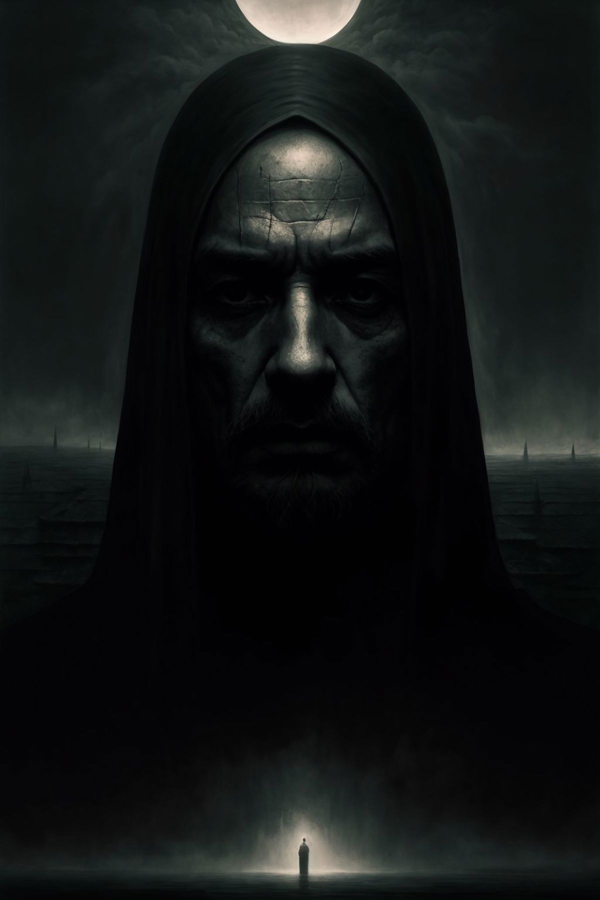 A dark and mysterious image of a bearded man with a long black robe looking straight ahead.
