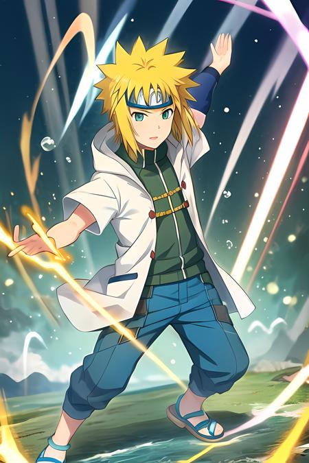 <lora:minato-000006:0.85>, 1 boy,spiked hair,yellow hair,energy blue ball,green body armor,blue forehead protector,white short sleeve raincoat,blue sandals,blue pants