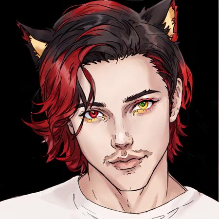 Duskfallcrew Art Style, masterpiece, official art, best quality, boy, male focus, solo, heterochromia, yellow eyes, red eyes, two tone hair, black hair, ombre hair, gradient hair, red hair, short hair, parted bangs, animal ears, cat ears, miqote, simple background, male focus, parted lips, lips, black background, looking at viewer, <lora:DuskArt_V7-10:.6>