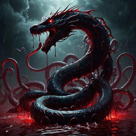 A colossal serpent emerging from a crimson pool of blood, rendered in grimdark style with dark, muted tones and high contrast lighting. The massive creature has elongated razor-sharp fangs dripping with blood, scales that shimmer with dark iridescence, and glowing malevolent eyes. Surreal atmospheric elements with twisted shadows, ethereal mist rising from the blood pool, and an ominous sky. The composition should emphasize the serpent's intimidating scale and presence, with dramatic lighting that casts deep shadows and highlights the creature's menacing features in a nightmarish, fantasy horror aesthetic.