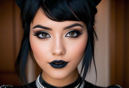 19 years old Marinette Dupain-Cheng, face close up, glamour photography of a random stylish goth girl, edgy vibe, dark, mascara, eyeliner, dark cheeks, Unique facial piercings with ornate jewelry, Round eyes, Dimples, Smoky eye makeup, Defined jawline, skin pores, shiny skin, grainy, harsh flash lighting, sepia tone, <lora:StGermain_Marinette_Dupain-Cheng_XL:0.8>