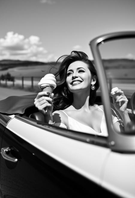Low angle black and white candid photograph of a high society woman holding an ice cream cornet in a very elegant way. The woman is seated in the passenger seat of a vintage convertible roadster, looking ahead, smiling elated at the beauty of the landscape, a strong breeze in her hair. 105mm, F1.8, shallow depth of field.