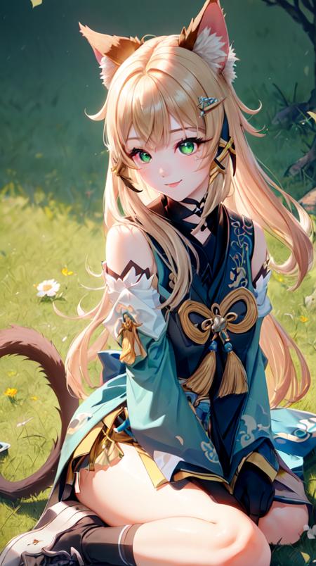 kirara /(genshin impact/), 1girl, Close-up, amused,
animal ears, bell, blush, cat ears, cat paws, cat tail, detached sleeves, green eyes, hair ornament, long hair, paw_shoes, sitting, solo, multiple tails, 
(extremely detailed CG unity 8k wallpaper, masterpiece, best quality, ultra-detailed, best shadow, volumetric lighting), (beautiful detailed face, beautiful detailed eyes), High contrast, high saturation, (best illumination, an extremely delicate and beautiful),
mksks style, beautiful background, temperate steppe, cathedral, day,