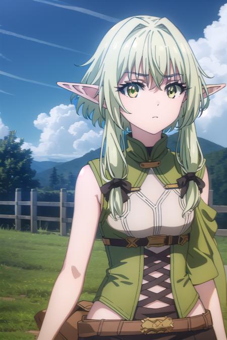 high elf archer, long hair, (green eyes:1.5), bow, hair bow, black bow, sidelocks, green hair, pointy ears, elf, thighhighs, boots, shorts, sleeveless, bare arms, thigh boots, brown footwear, brown shorts,