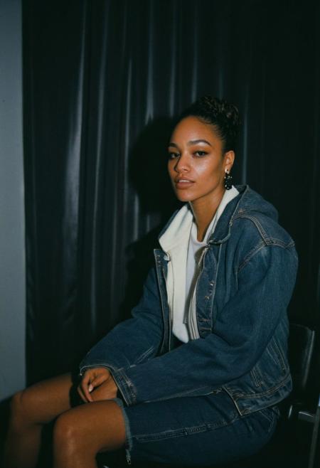 (gritty analog photo:1.2), candid (snapshot:1.2) of a sophisticated and cool 22-year-old biracial female hip-hop artist from Brooklyn sitting in a backstage room getting ready for her show, natural skin texture, realistic skin texture, (skin pores:0.8), (skin oils:0.8), (behind the scenes photography:1.2), documentary style photography, high contrast, deep shadows, hires, highly detailed, (film grain:1.2), the picture conveys effortless coolness, polaroid film photography, Perfect Hands