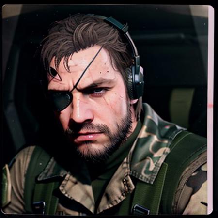 1boy, vensnamgsv2024, Venom Snake from Metal Gear Solid V listening to music,tiger stripe camo fatigues, load bearing suspenders, black kneepad on right knee, red bionic left arm, boots , che Guevara Beard, helicopter interior background, red lighting, night, High Detail, RAW format, shot on a Polaroid, burly body, eye patch with 3 thick straps on right eye, large black shard horn embedded in right side of his forehead, real photo, realistic skin texture, skin detail, face detail stern brow, smirking, hair tied back, brown hair, wearing large 80's headphones and relaxing, scarred face, candid photograph, chilling,