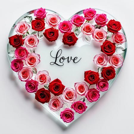 A 4k photograph of a transparent glass heart filled with red and pink roses. The heart is placed on a white surface. The background is high definition. There is a cursive text "LOVE" above the heart. The overall image has multicolor tones and is realistic.