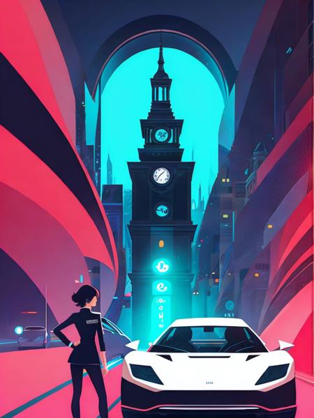 <lora:KilianEng:1>a woman standing in front of a car in a tunnel with a clock tower in the background by Kilian Eng