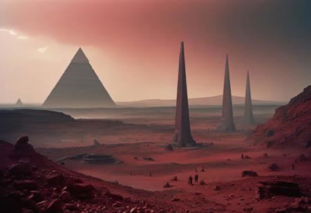 Red Rocky landscape, with tall humanoid statues, sci-fi aesthetics, film photography style, a moody picture of Gas Giant alien landscape composed primarily of hydrogen and helium, with no solid surface and a thick atmosphere (with a tall red pyramid in the background:1.2), cloudy weather, at dawn, dim lit, foggy, muted colors, hazy, vintage, analog style, Busy crowded city strret, City<lora:SDXL_FILM_PHOTOGRAPHY_STYLE_Alphav0.2:1>