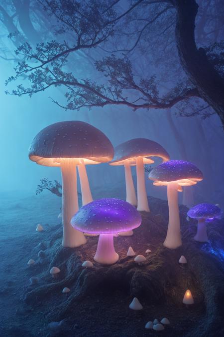 misty enchanted forest, glowing mushrooms scattered on the forest floor, ancient trees with twisting branches, soft blue and purple lighting, gentle fog rays through trees, fantasy magical vibe, high detail forest floor
