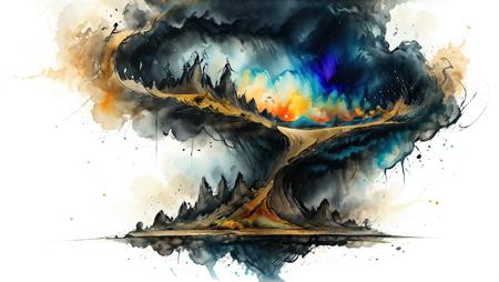thunderstorm, landscape scenery, watercolor and ink style, white background, artistic and abstract, whirlwind, key visual, ink painting art, vibrant colors, minimalism, soft brush strokes <lora:Cute_Drawing:0.8> <lora:hyperkraximalism_v1-1:0.8>