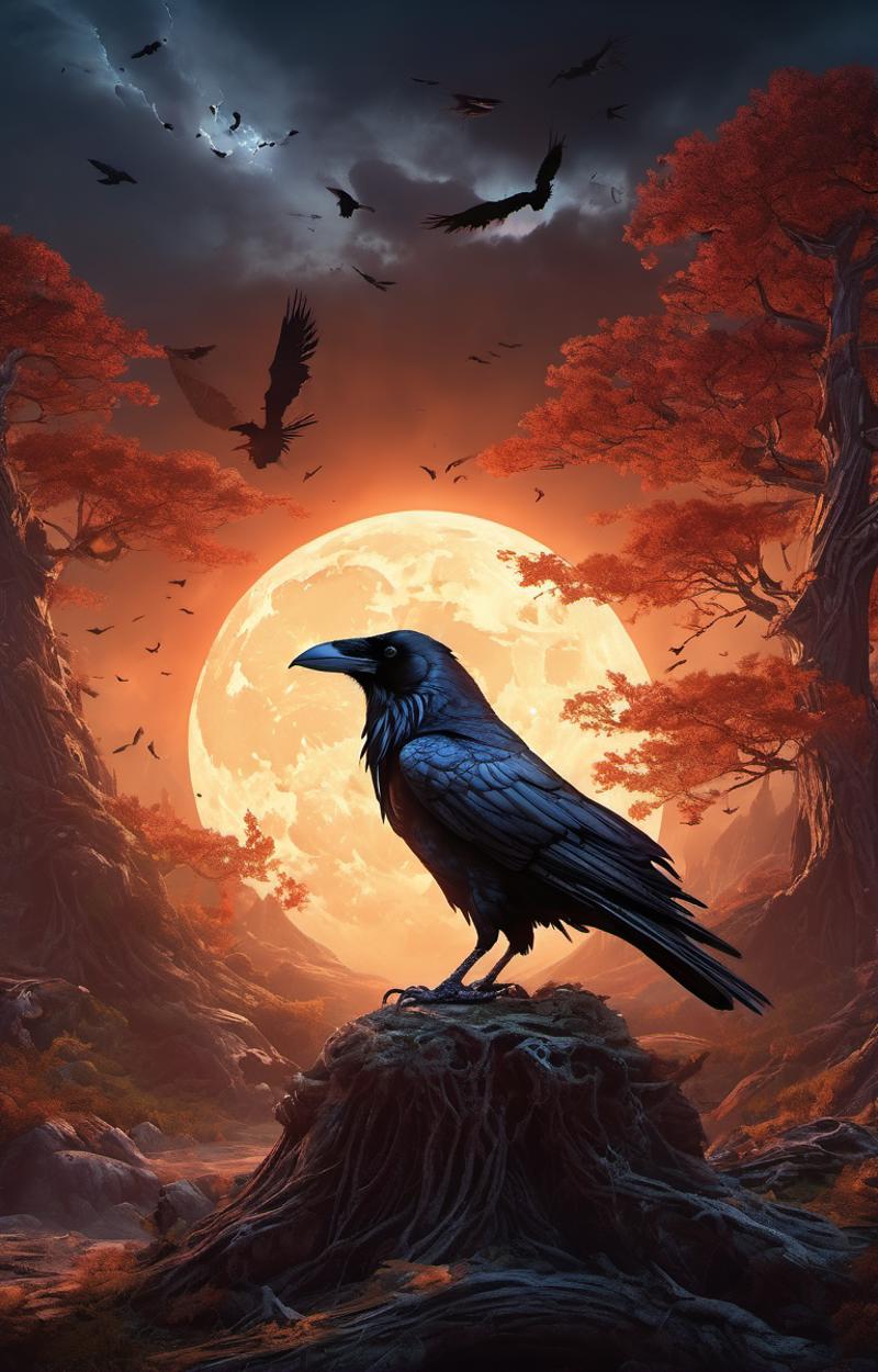 Black Crow Perched on Rock in Front of Moonlit Landscape