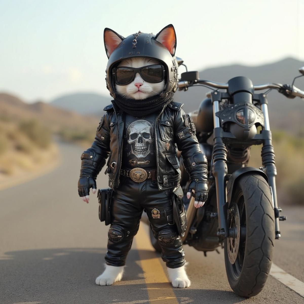 wide shot photo of 1 very kawaii White kitten in two legs, solo, 3d,  standing on a desert road with a black glossy Harley Davidson motorcycle aside, belt, black leather jacket, gloves, grin, looking at viewer, half-face skull mask, black leather pants with metal spikes, black leather fingerless gloves, pouch, standing, sunglasses, black leather vest, arm tattoo, back tattoo, badge, bandaid on arm, barcode, barcode tattoo, body writing, bodypaint, bracelet, skull logo on chest, button badge, chest tattoo, clothes writing, cuffs, denim, full-body black leather oufit, gun, handcuffs, heart tattoo, holster, holstered weapon, jewelry, leg tattoo, mask, neck tattoo, number tattoo, shoulder tattoo, skull, solo, spiked bracelet, spikes, standing, stomach tattoo, tattoo, watch, weapon, wristband, wristwatch, cinematic volumetric lighting, wide shot with Sony Fx6