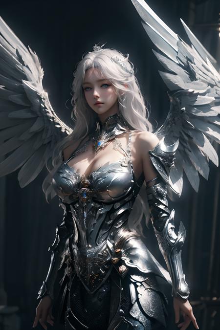 (extremely detailed CG unity 8k wallpaper,masterpiece, best quality, ultra-detailed, beautiful detailed eyes:1.2),best illumination, (best shadow, an extremely delicate and beautiful, bloom),
1 girl,breasts, solo,white hair,cleavage, looking at viewer, barefoot, (bare shoulders:1.4),moon, white wings, angel wings, crescent, blue eyes, hand up, ((gigantic hanging breasts:1.4)),Beautiful facial features,Wings,starry sky,full body,Complex decoration,Black Armor,Best quality,masterpiece,upper body shot,close face,looking at the audience,Anime face,2.5D,8k. Strong lighting,light and shadow texture,texture details,With a long sword in hand,