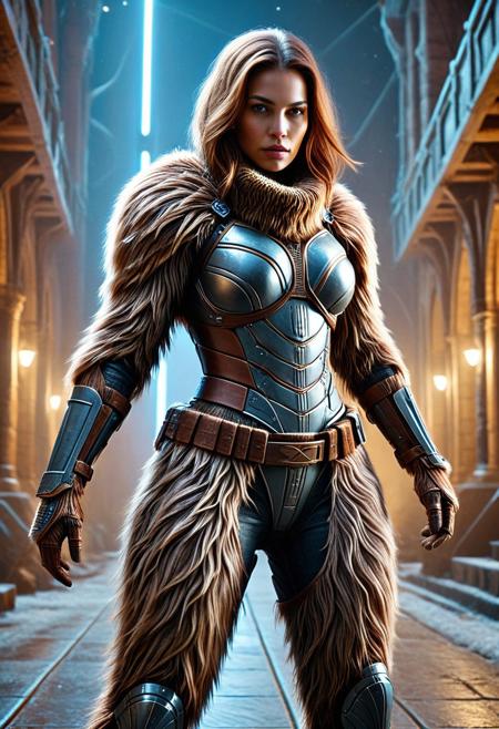 dynamic pose, low light, night time, 1girl, armour, bounty hunter outfit, covered in fur, made of w00kiee, science fiction. sci-fi, architecture, outdoors, dynamic composition, absurdres, high quality, masterpiece