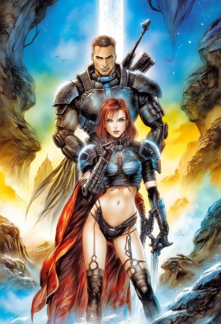 (Commander Shepard) gigantic in fantasy background, Charm, neon pastel, by Luis Royo, best quality