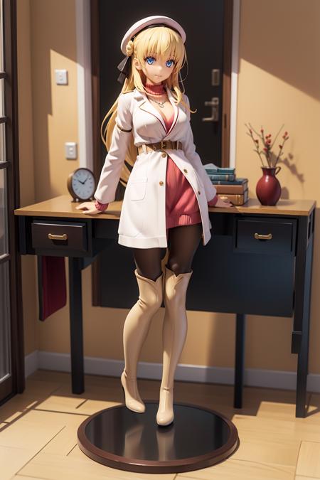 <lora:agneslV3-000008:0.7>,agnesgf,game style,blonde hair,hair bun,low-tied long hair,very long hair,braid,hair ribbon,red beret,blue eyes,||black collar,necklace,white coat,long sleeves,pink sweater pencil dress,brown belt,handbag,black pantyhose,brown knee boots,indoors, door,desk.clock,bed, masterpiece,best quality,ultra detailed,high quality,illustration,perfect anatomy,<lora:æåPVC-L:0.5>,
(full body:1.5),(standing:1.2),looking at viewer,