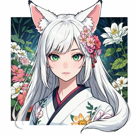 1girl, solo, detailed face, detailed eyes, green eyes, white hair, long hair, fox ears, fox tail, kimono, (abstract), (flowers), (flower), leaves, garden scenery, (sfw)