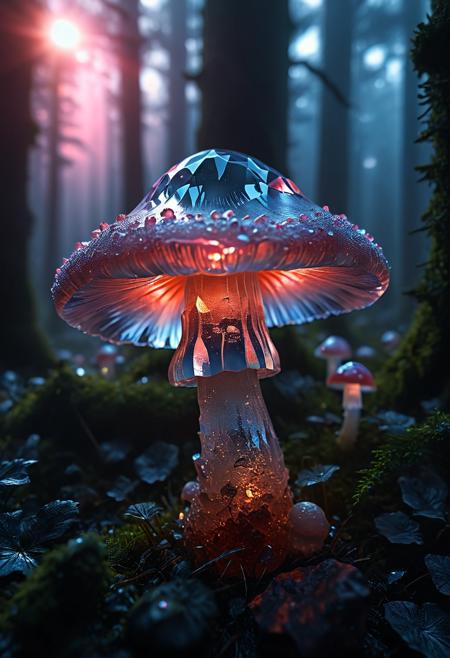 A hyper-realistic 85mm comic_style extrem-close-up shot of Mushroom made of crystal, set in a mystical fog-covered forest, a dynamic sleeping pose and an smirk expression. The scene is illuminated by Vibrant sunset gradient, enhancing the intense atmosphere. Fog rolling in from a mysterious unseen source. The details are ultra-HD, with stunning textures, lifelike depth, and 8k quality. Every element is meticulously crafted, captures the essence of the motif in breathtaking resolution. The image shows a  crystal world in rp_slgd style, <lora:SoulGemmed:0.75>, <lora:add-detail-xl:1>, <lora:JuggerCineXL2:0.8>, <lora:vivid_everclear:0.75>,