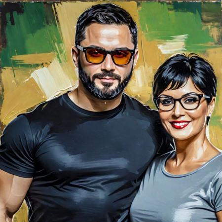 Oil painting style art abstract impressionism painting with rough brush strokes, masterpiece, best quality, couple of a black very short haired, gray very short bearded 45yo 180kg caucasian chad white intelligent wise skin tough big muscular man, black glasses, a black T-shirt and her wife with a long black haired, 50yo woman with red glasses, a gold T-shirt, minimalist background with muted color splashes, looking at viewer, intricate details upper body, 3d render, cinematic lighting, detailed, volumetric