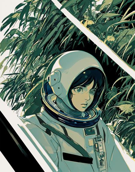 Slight retro color, flat, grainy, riso print style, illustration,  low saturation,
"Astronaut in a Jungle" by Syd Mead, cold color palette, muted colors, detailed, 8k <lora:riso_tunan:1>