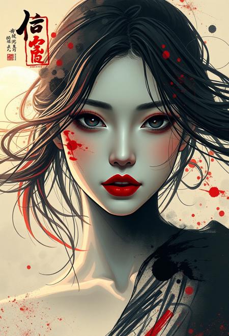 digital portrait, expressive female face, Kanji, red and black ink splashes, flowing hair, pale skin, dramatic red lips, emotional expression, abstract brushstrokes, modern meets traditional art, high-fashion aesthetic, contemporary Asian art, moody lighting, stylized composition, Visually poignant representation, ethereal, enigmatic presence,Visually poignant representation, epic, breathtaking, warm glow, twilight sky, precarious crossing, sleek textures