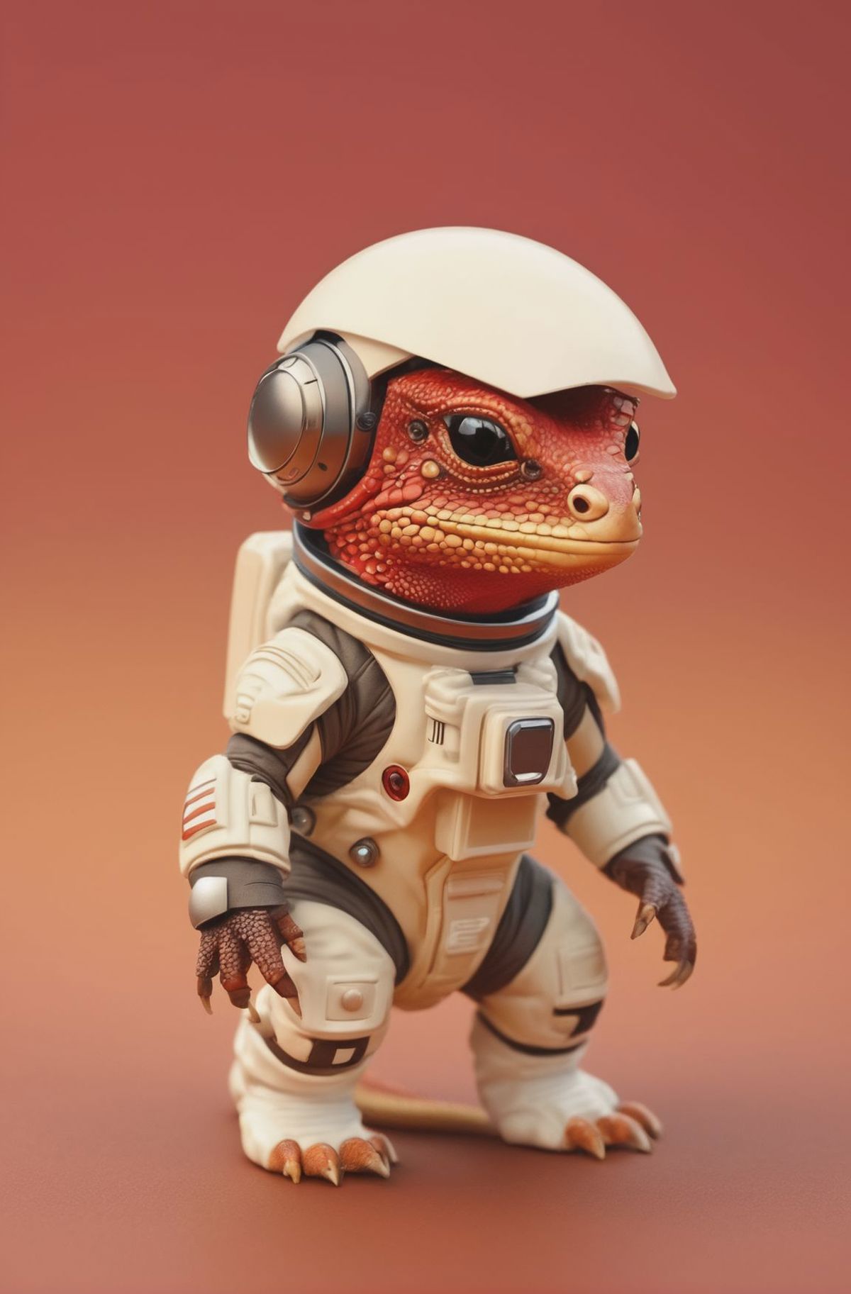 A red lizard figurine wearing a white space suit and headphones.